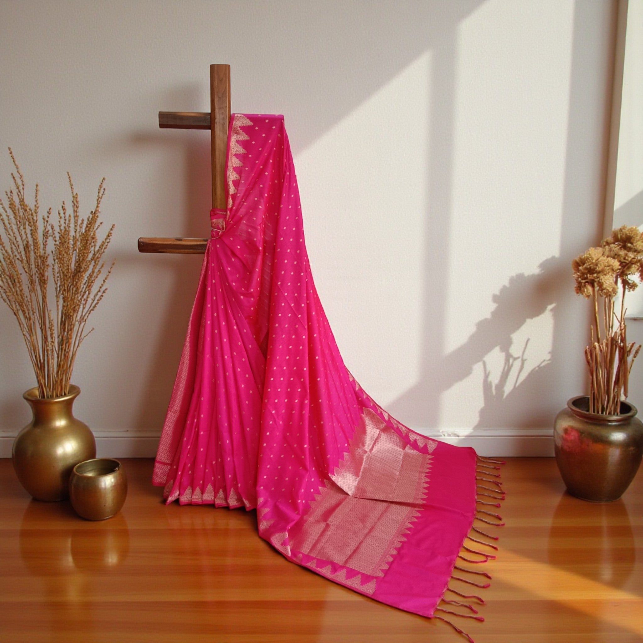 Pink Golden Buti Zari Work Silk Saree