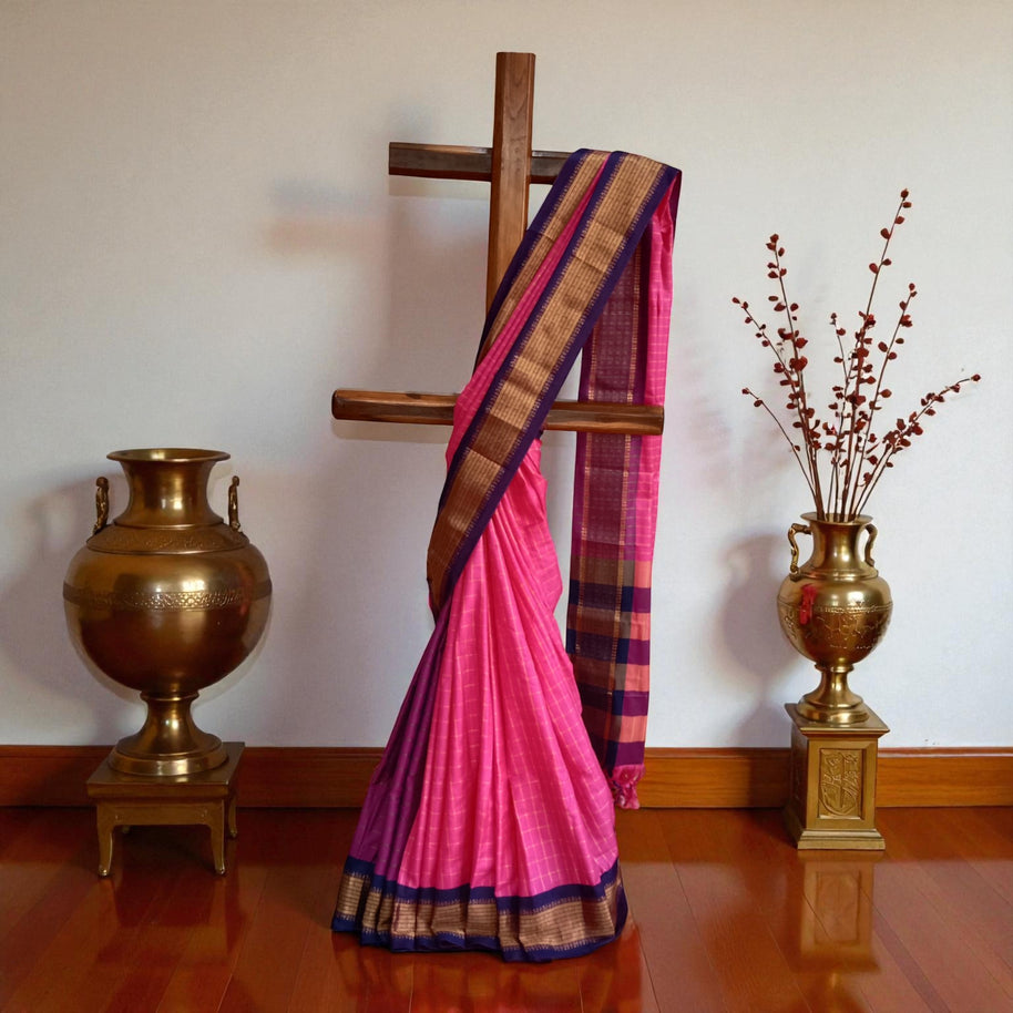 Pink Check Silk Saree