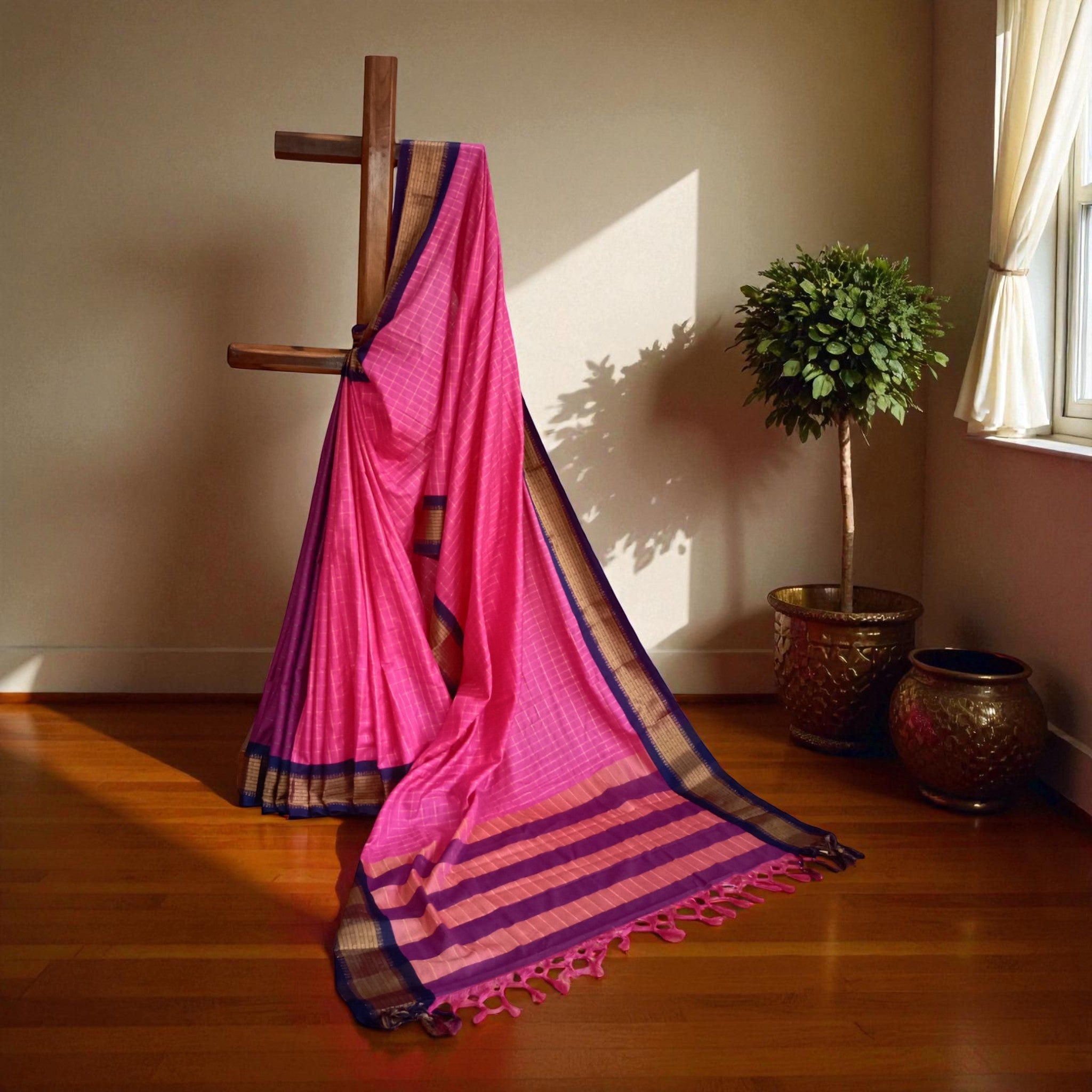 Pink Check Silk Saree