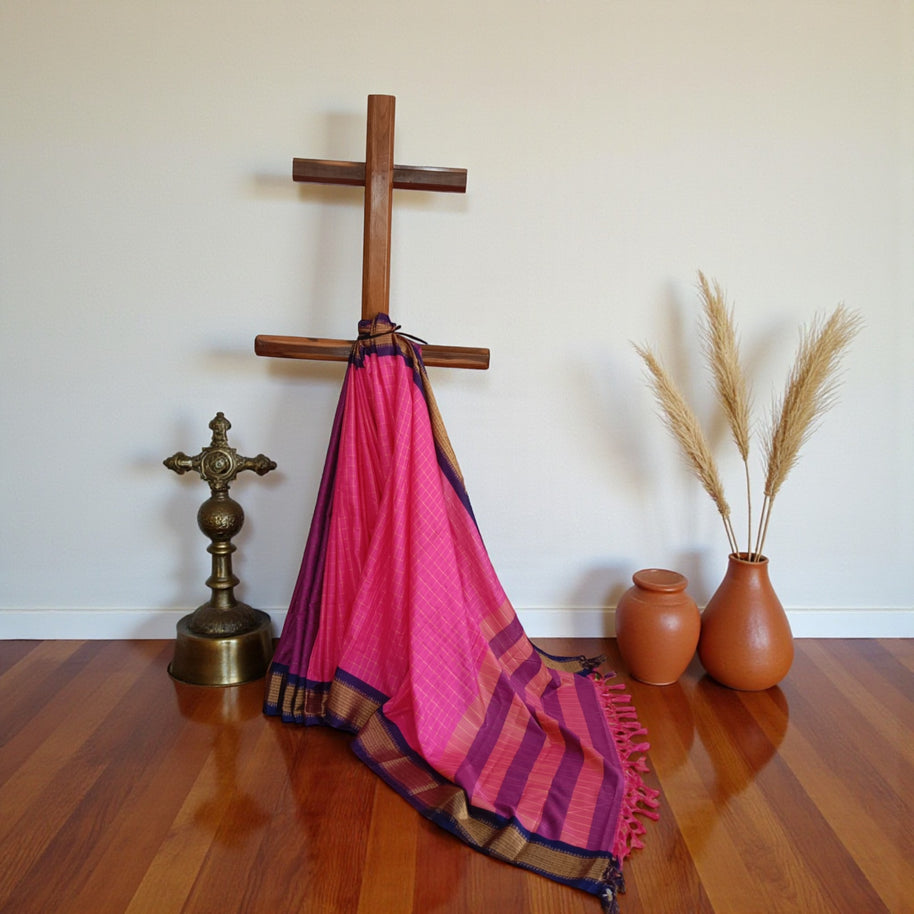 Pink Check Silk Saree
