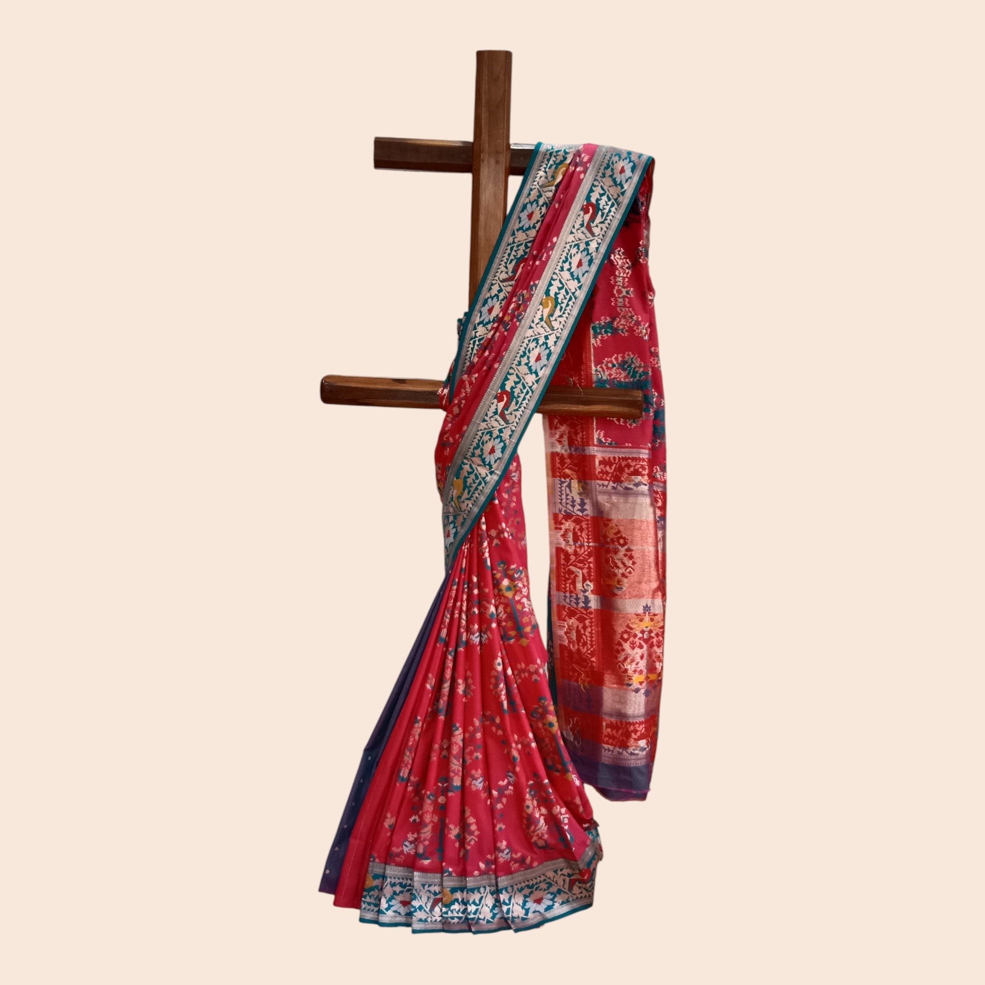 Pink Green Zari Work Silk Saree