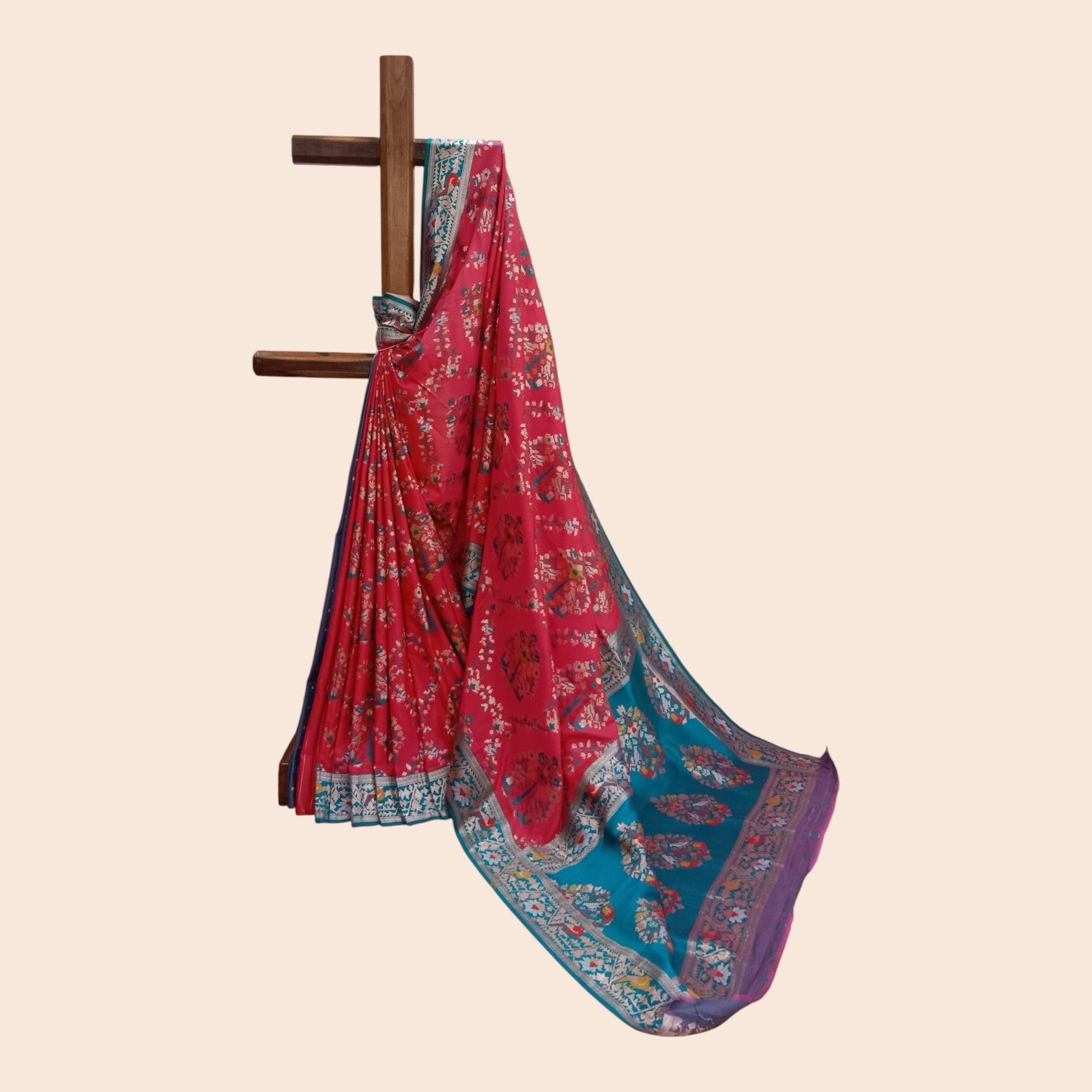 Pink Green Zari Work Silk Saree