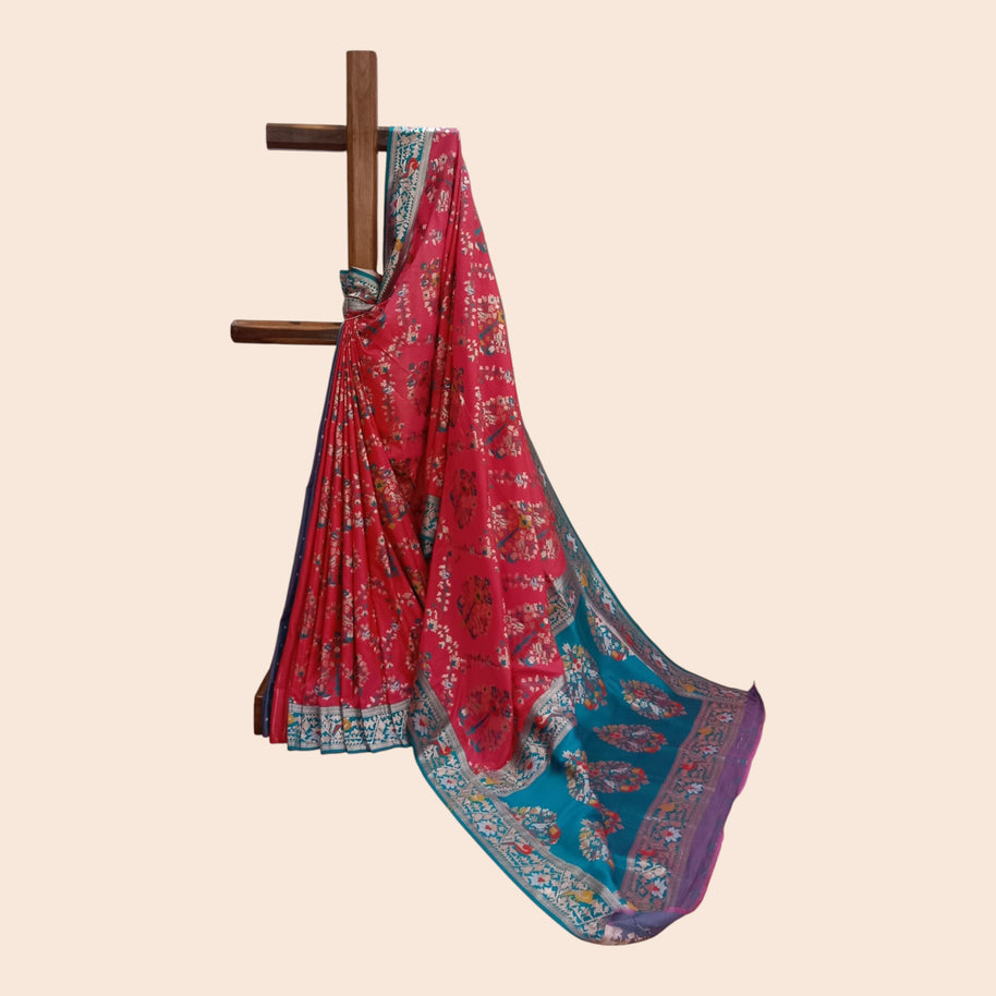 Pink Green Zari Work Silk Saree