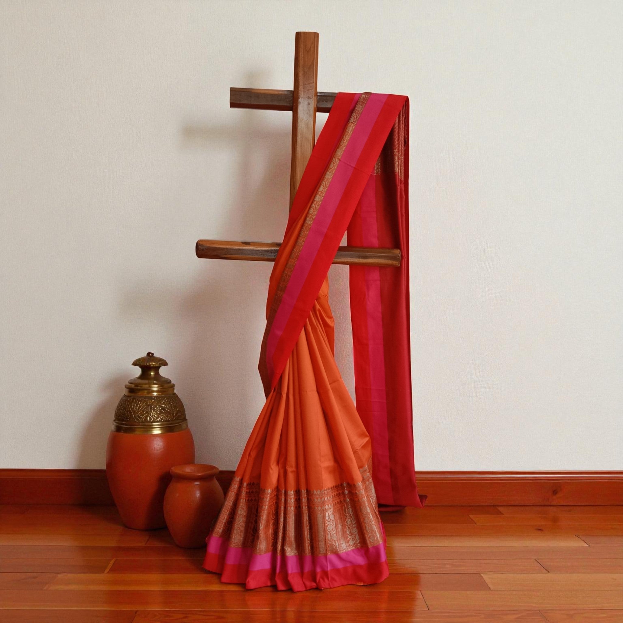 Orange Maroon Plain Silk Saree