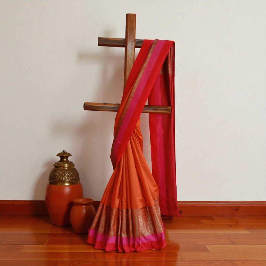 Orange Maroon Plain Silk Saree