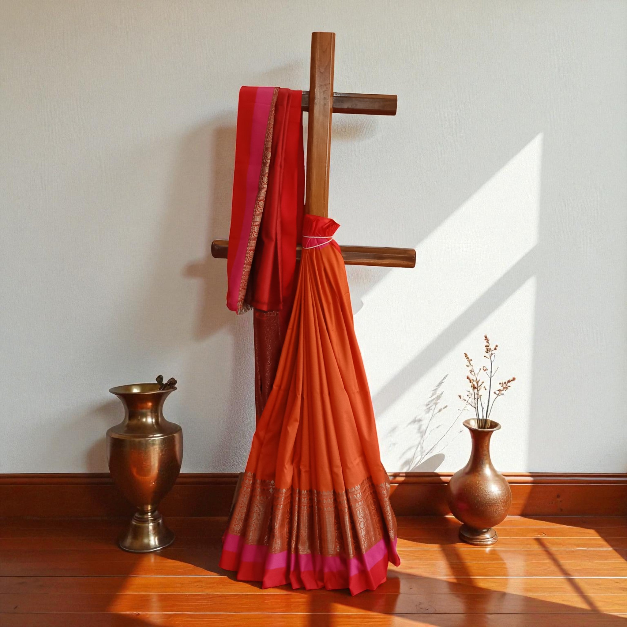 Orange Maroon Plain Silk Saree