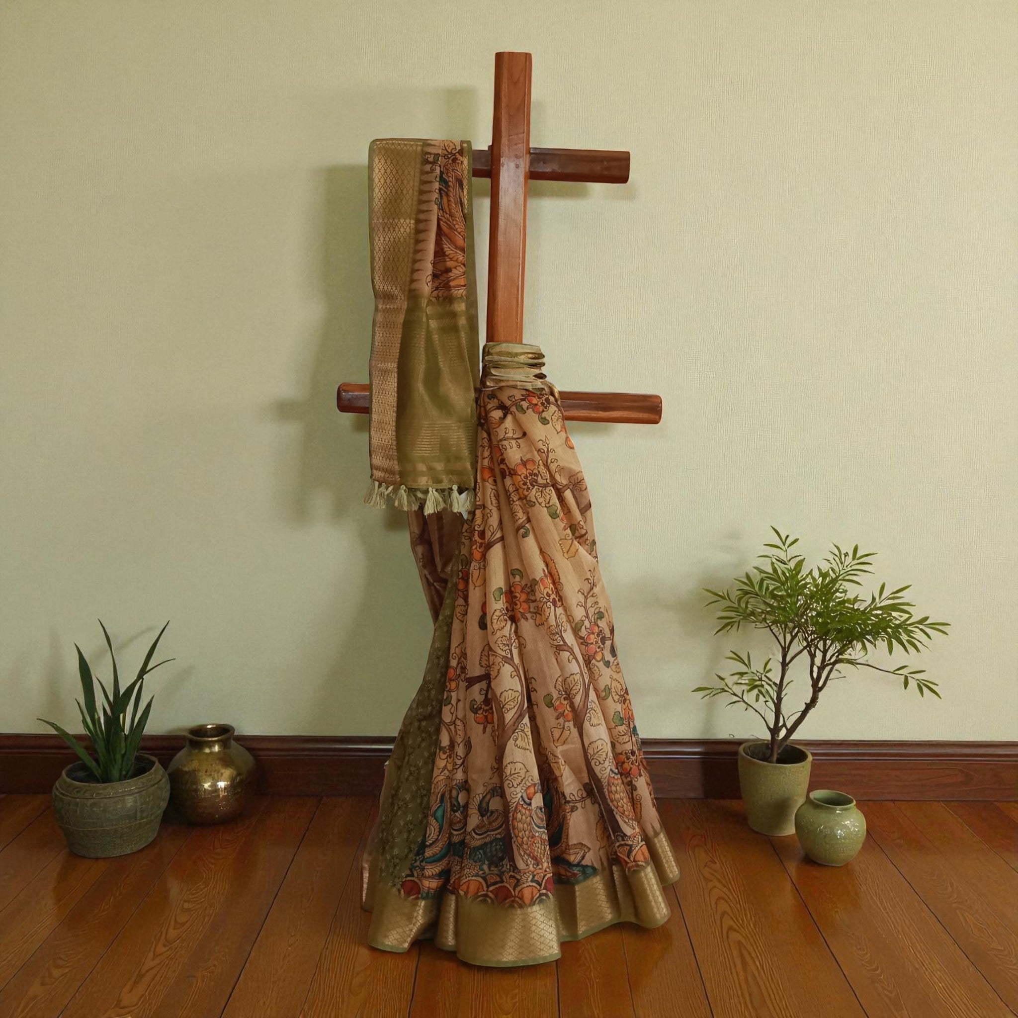 Golden Kalamkari Silk Saree