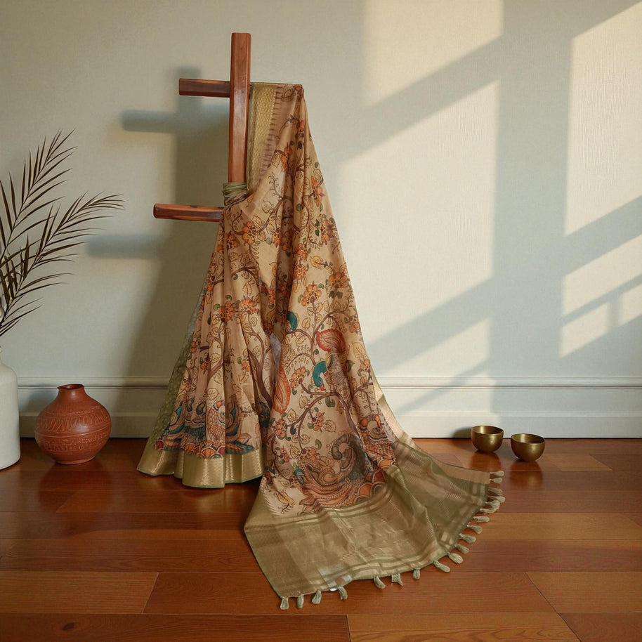 Golden Kalamkari Silk Saree