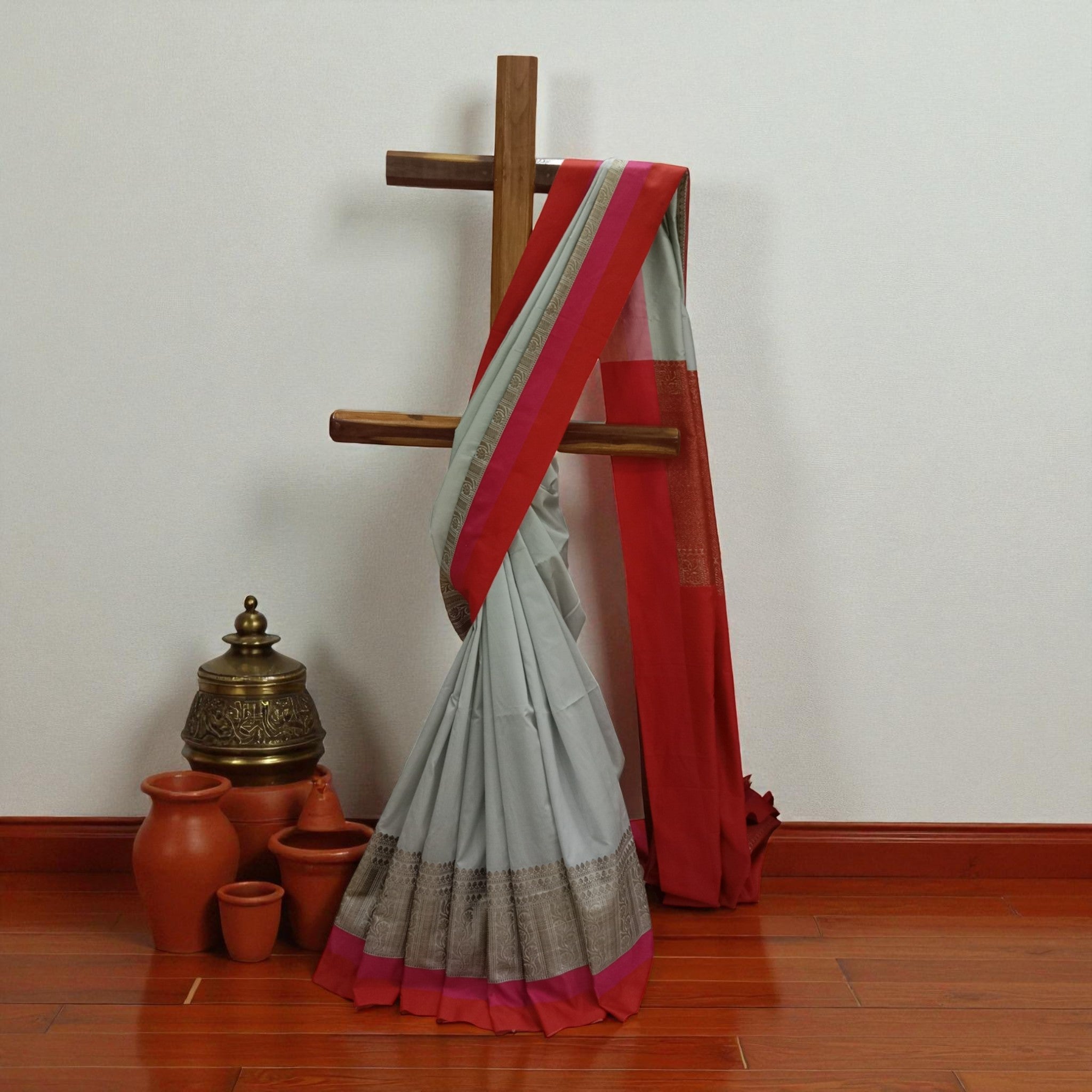 Grey Red Mota Border Silk