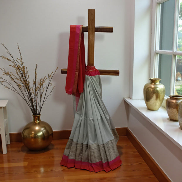 Grey Red Mota Border Silk