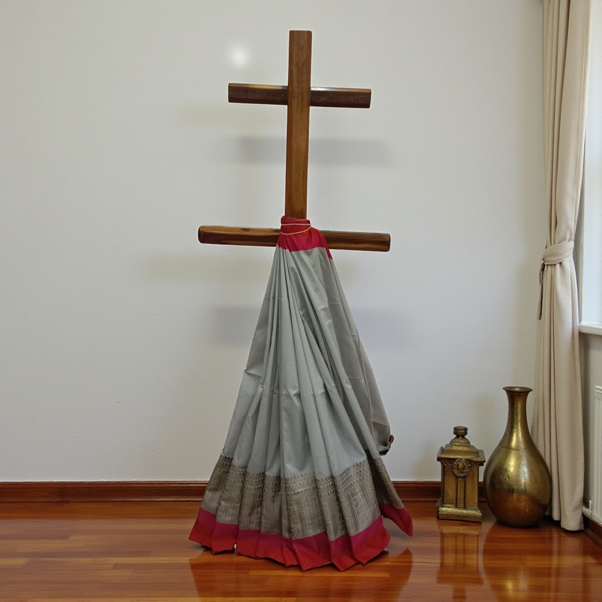 Grey Red Mota Border Silk