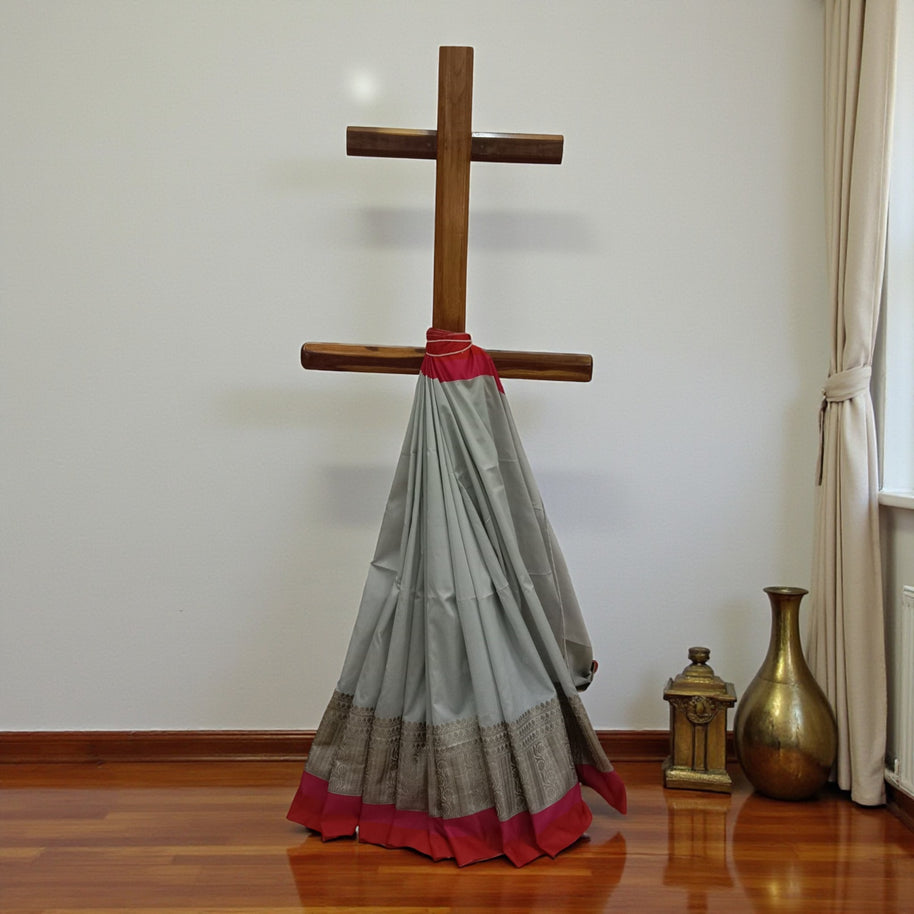 Grey Red Mota Border Silk