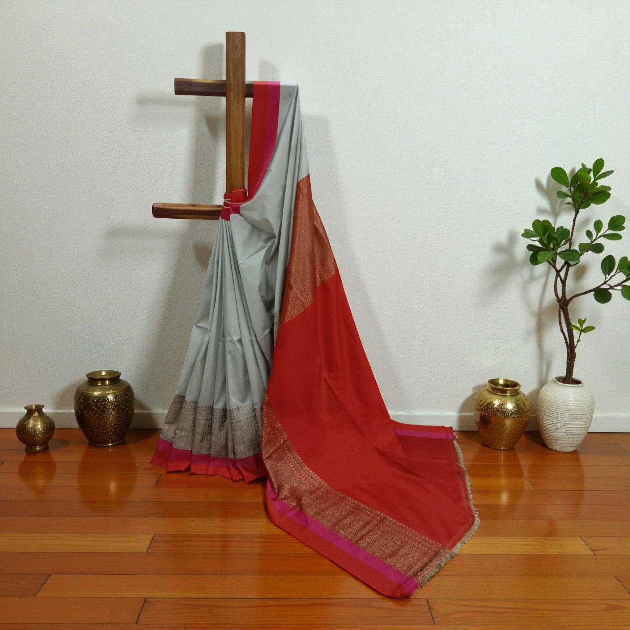 Grey Red Mota Border Silk