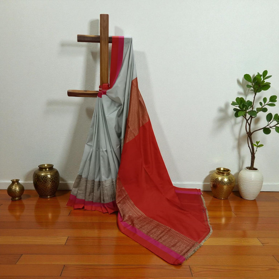 Grey Red Mota Border Silk