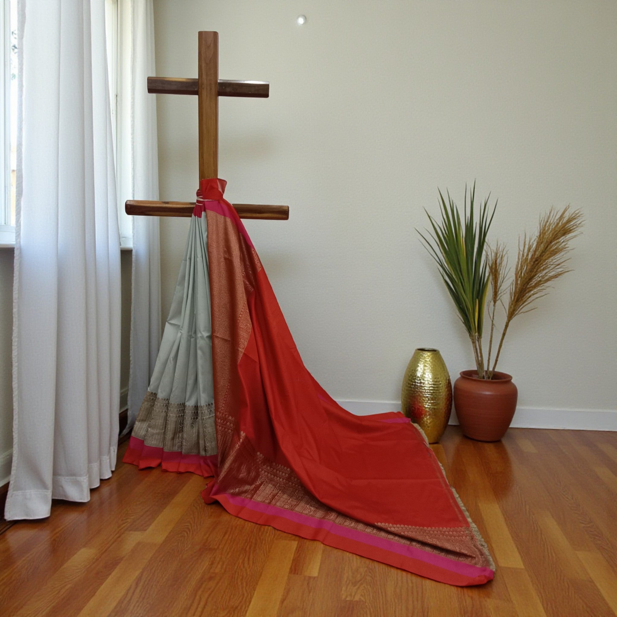 Grey Red Mota Border Silk