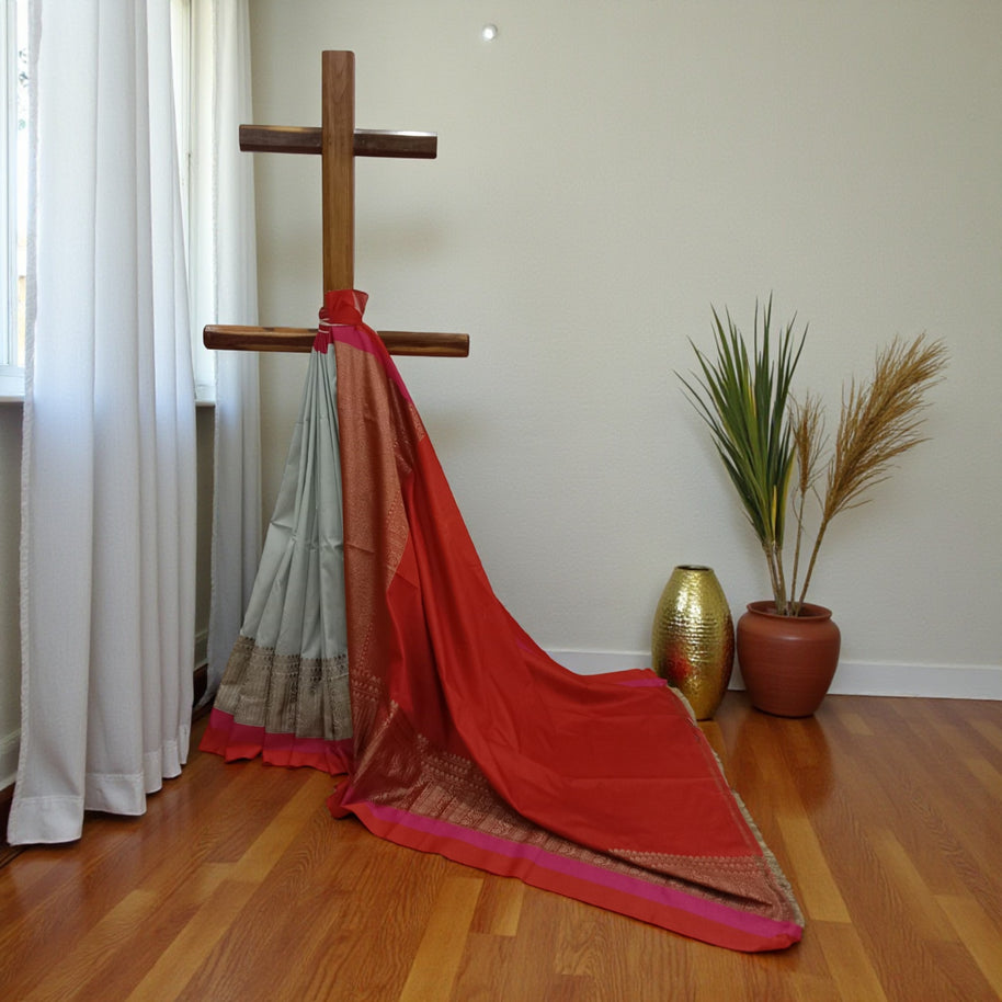 Grey Red Mota Border Silk