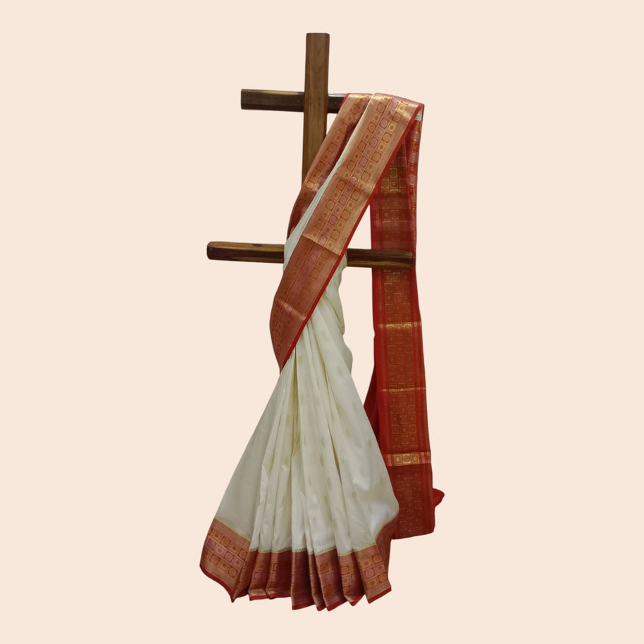 Cream Red Zari Work Silk Saree