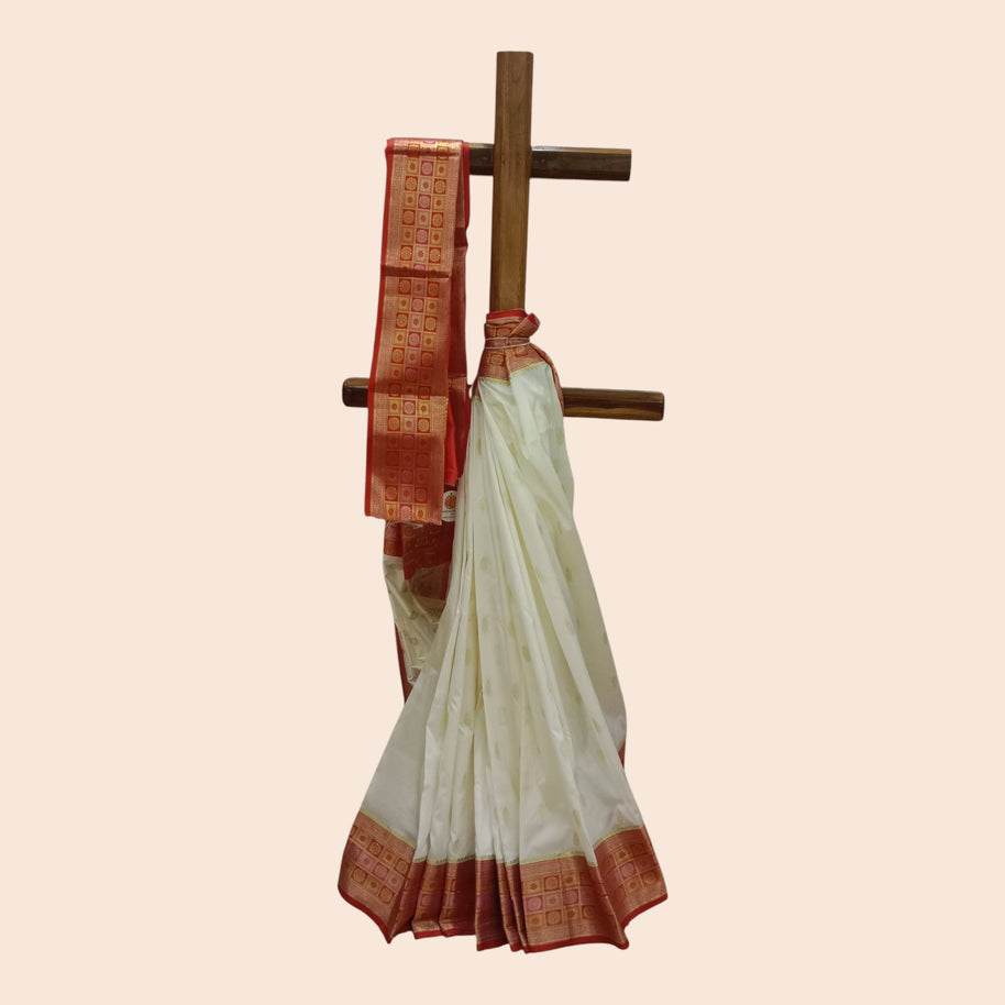 Cream Red Zari Work Silk Saree