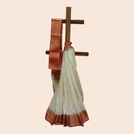 Cream Red Zari Work Silk Saree