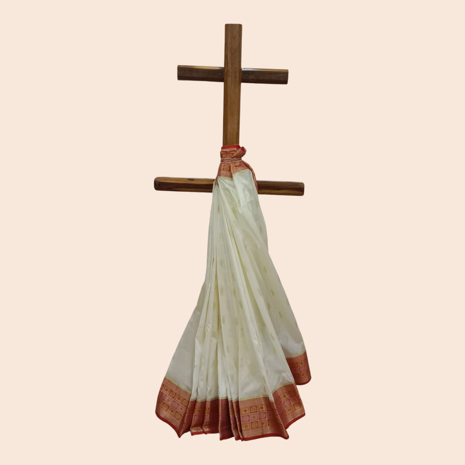 Cream Red Zari Work Silk Saree
