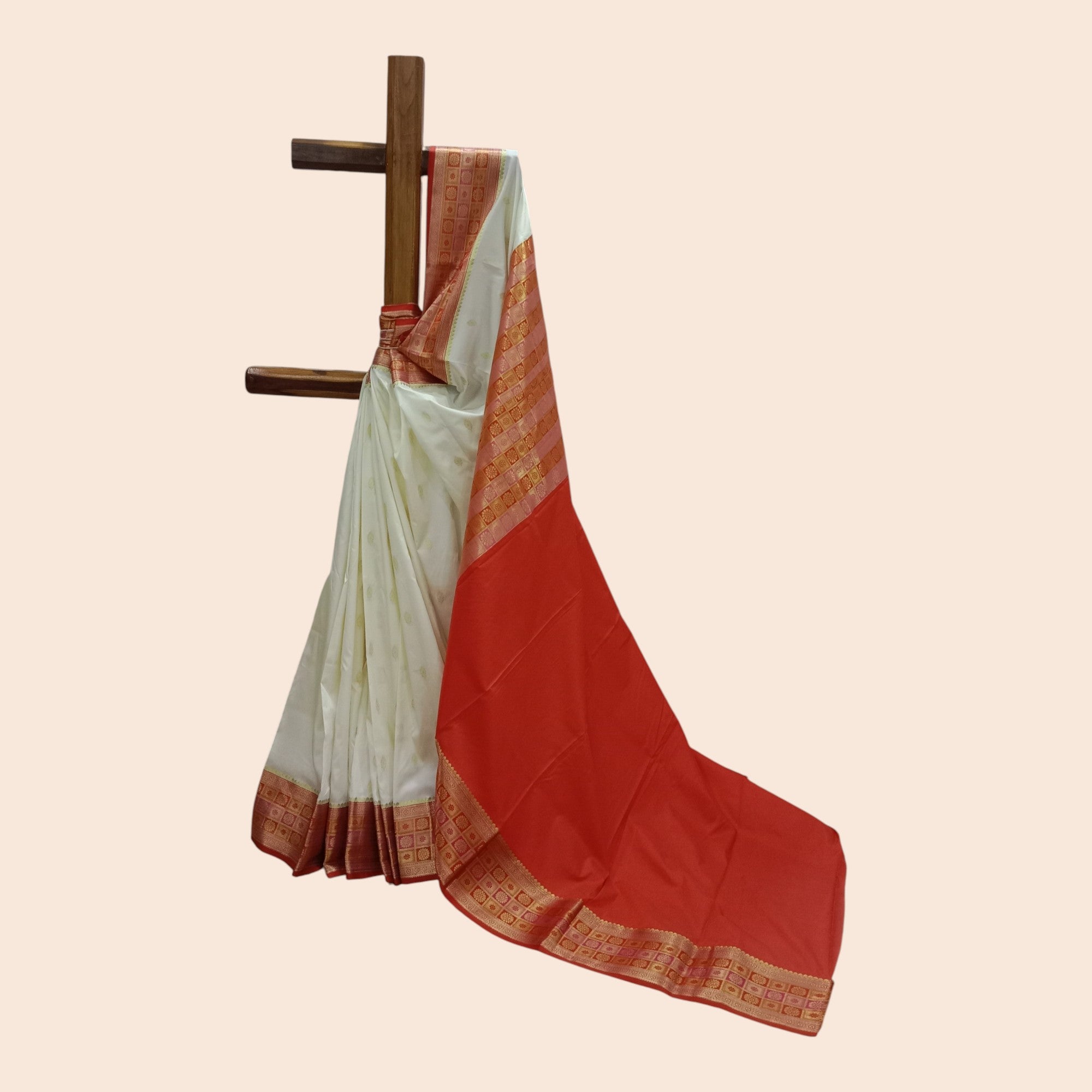 Cream Red Zari Work Silk Saree