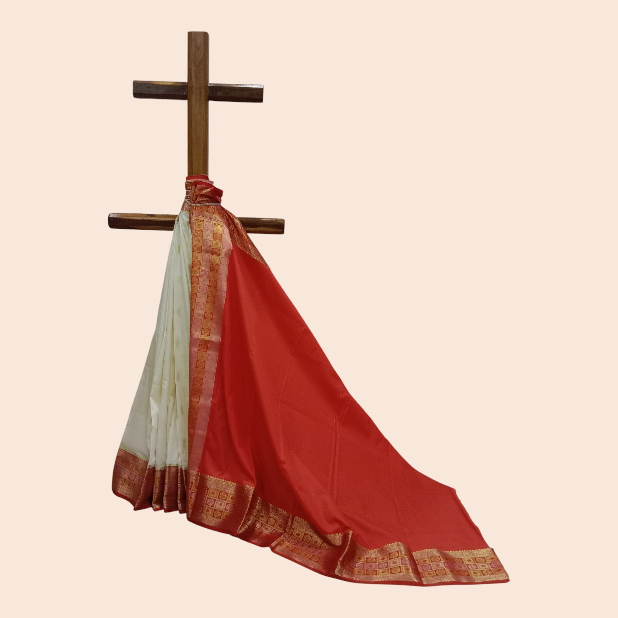 Cream Red Zari Work Silk Saree