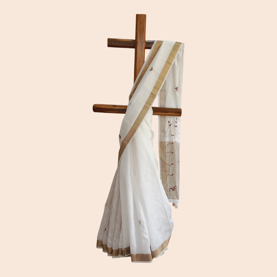 White Embroidery Silk Saree