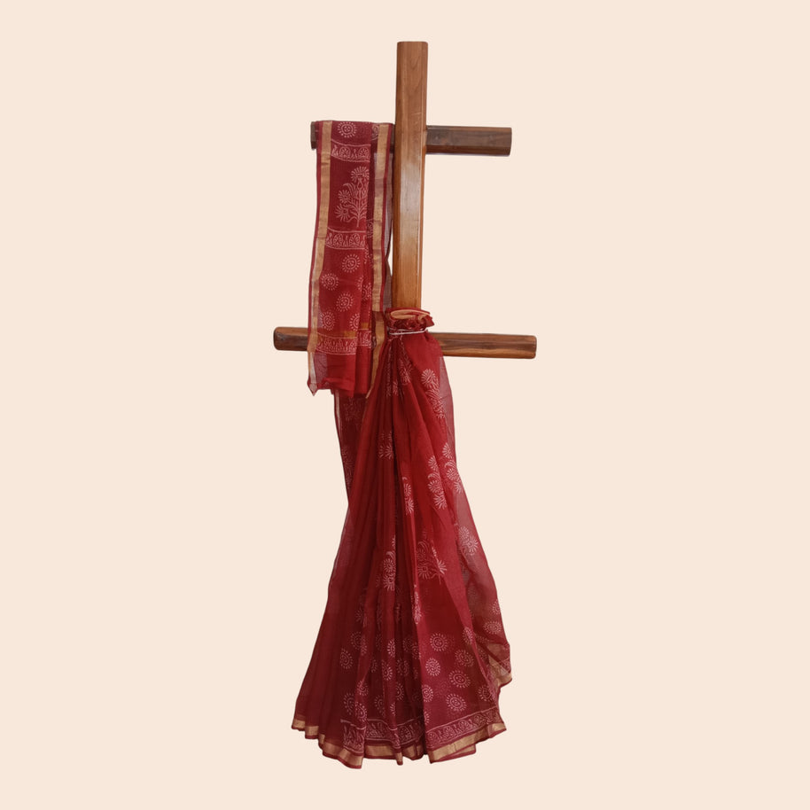 Dark Maroon Handblock Kota Cotton Saree