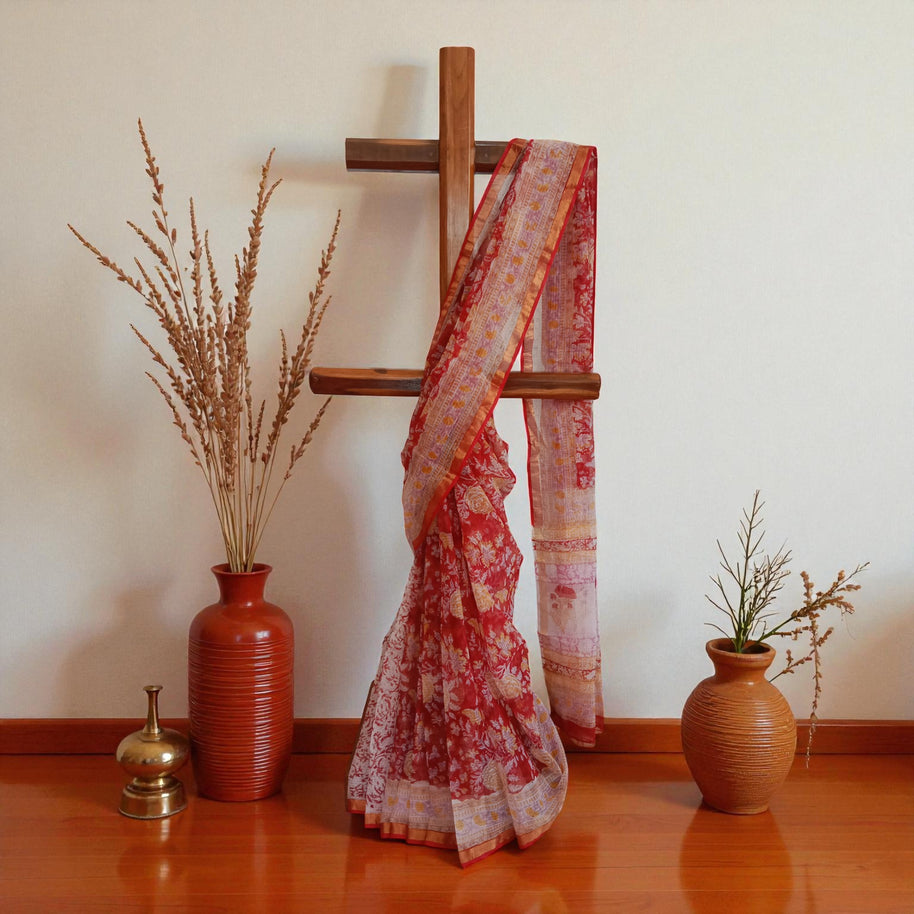 Red Yellow Handblock Kota Cotton Saree