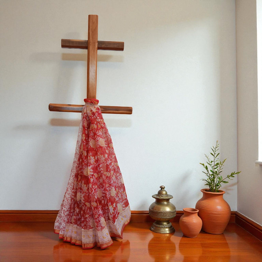 Red Yellow Handblock Kota Cotton Saree