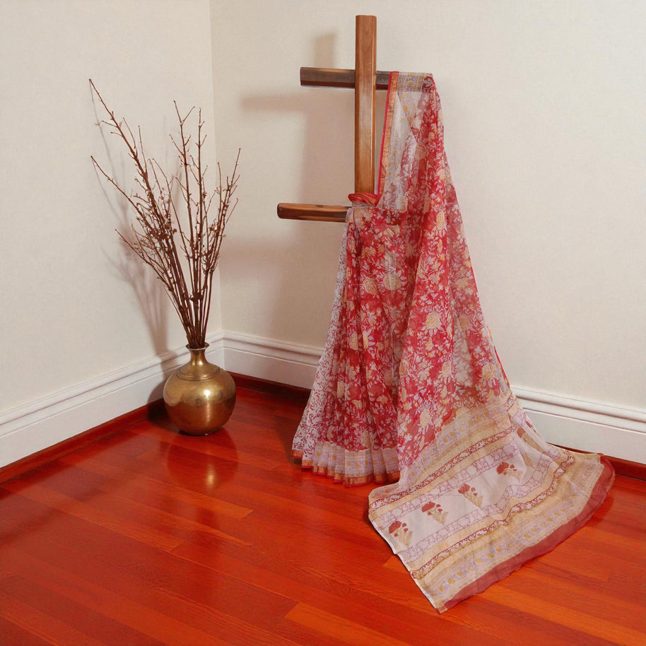 Red Yellow Handblock Kota Cotton Saree