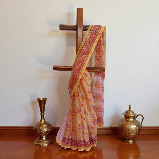 Yellow Red Handblock Kota Cotton Saree