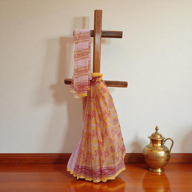 Yellow Red Handblock Kota Cotton Saree