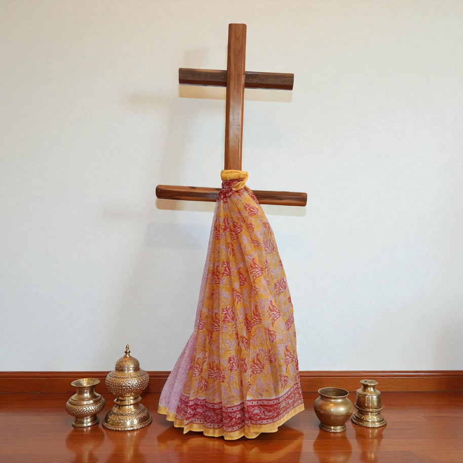 Yellow Red Handblock Kota Cotton Saree