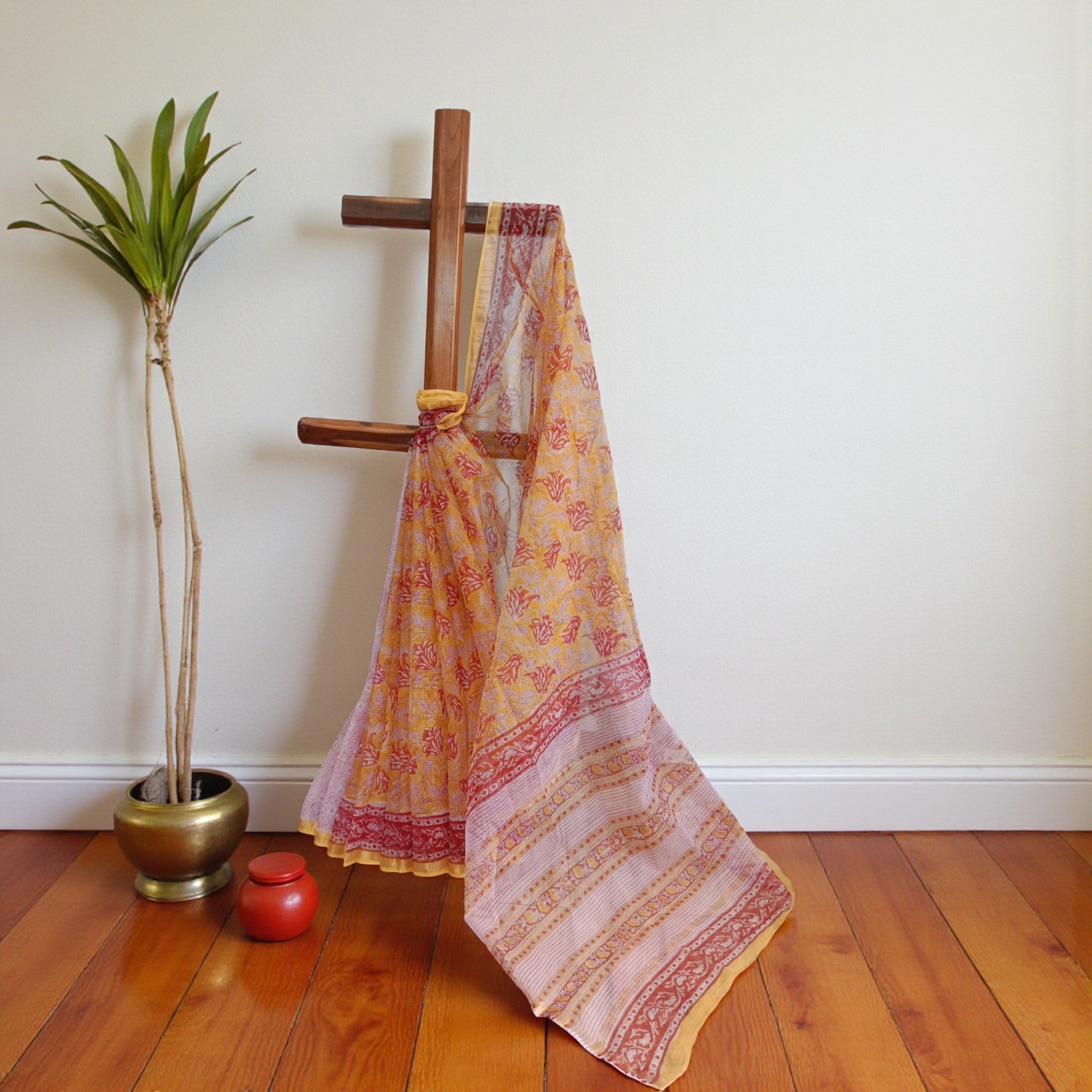 Yellow Red Handblock Kota Cotton Saree