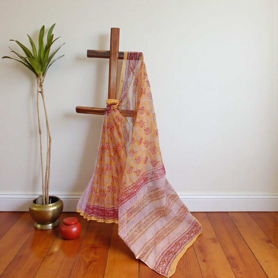 Yellow Red Handblock Kota Cotton Saree