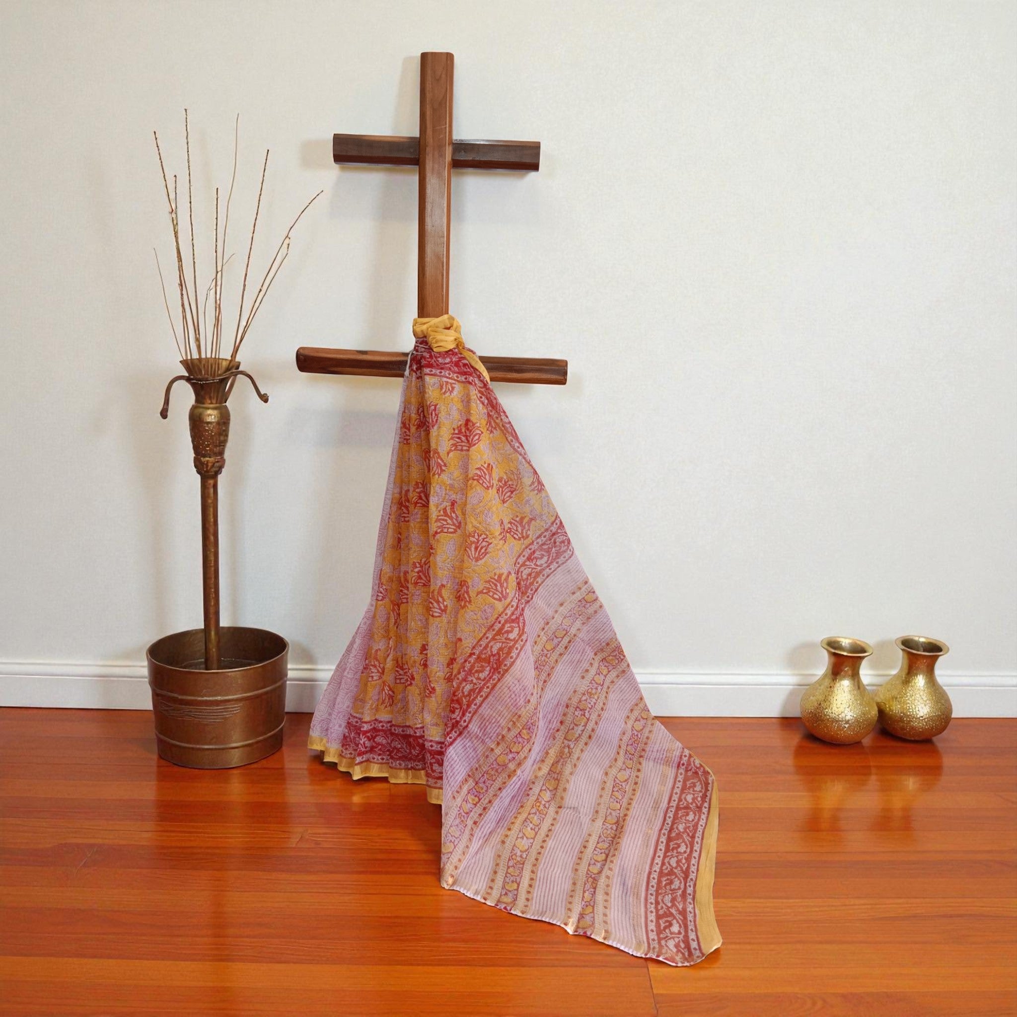 Yellow Red Handblock Kota Cotton Saree