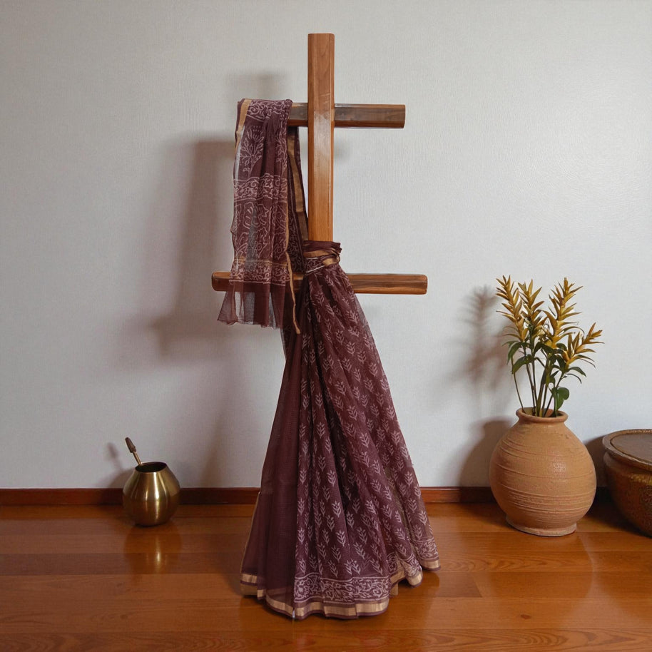 Brown Leaf Handblock Kota Cotton Saree