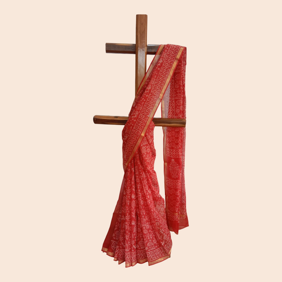 Red Tribal Handblock Kota Cotton Saree