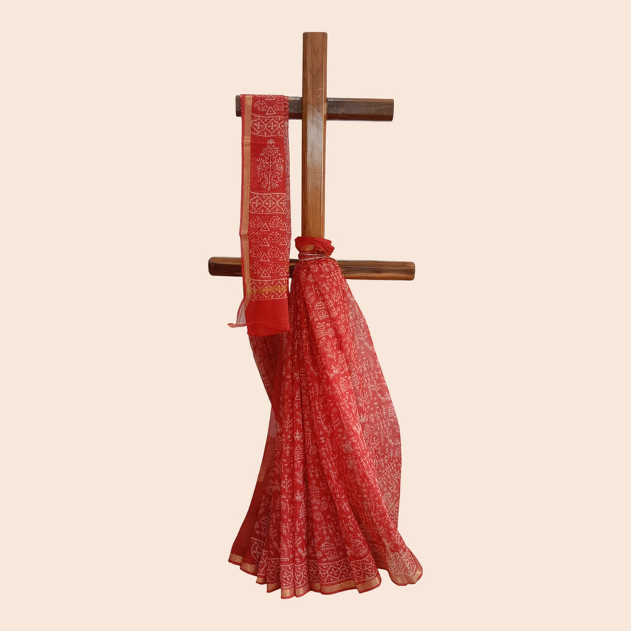 Red Tribal Handblock Kota Cotton Saree