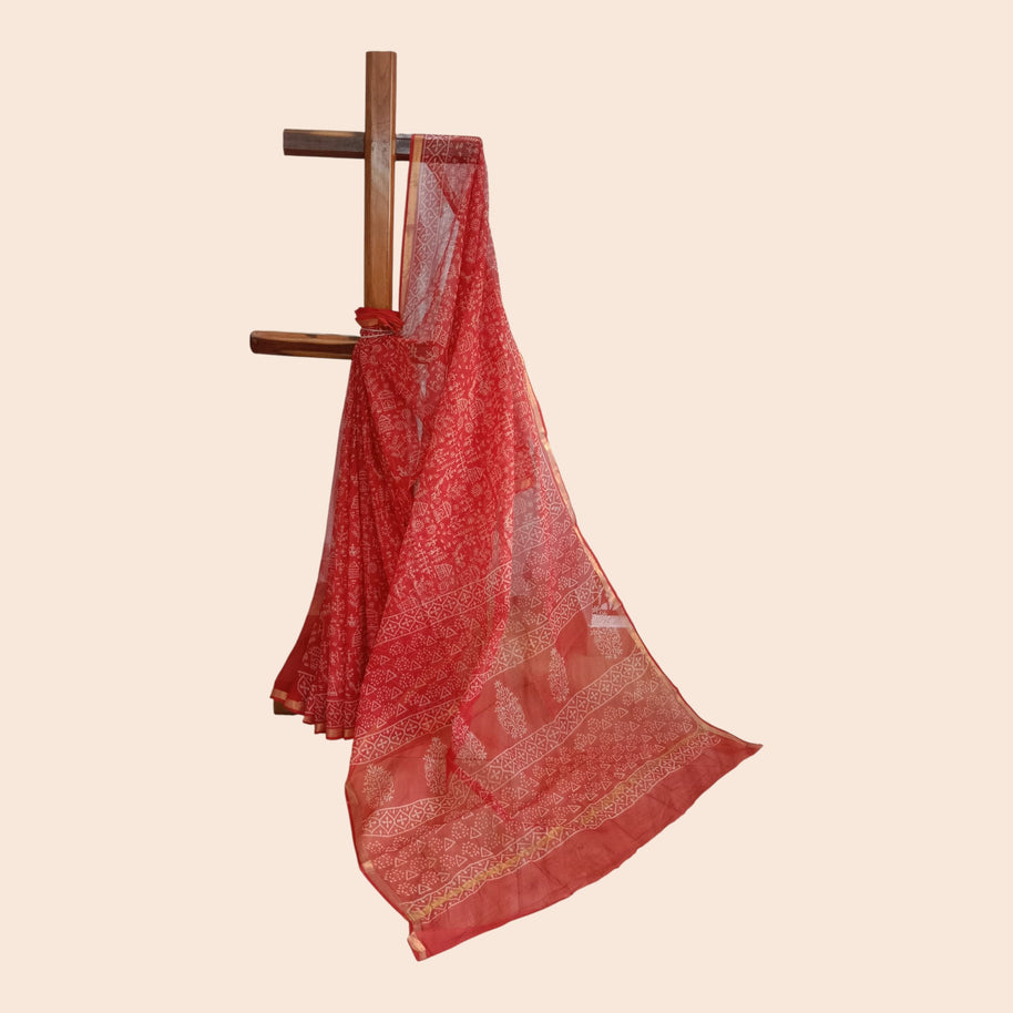 Red Tribal Handblock Kota Cotton Saree