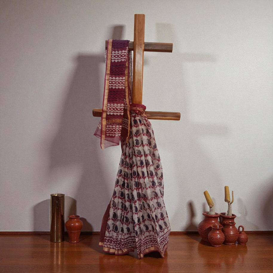 Offwhite Maroon Handblock Kota Cotton Saree