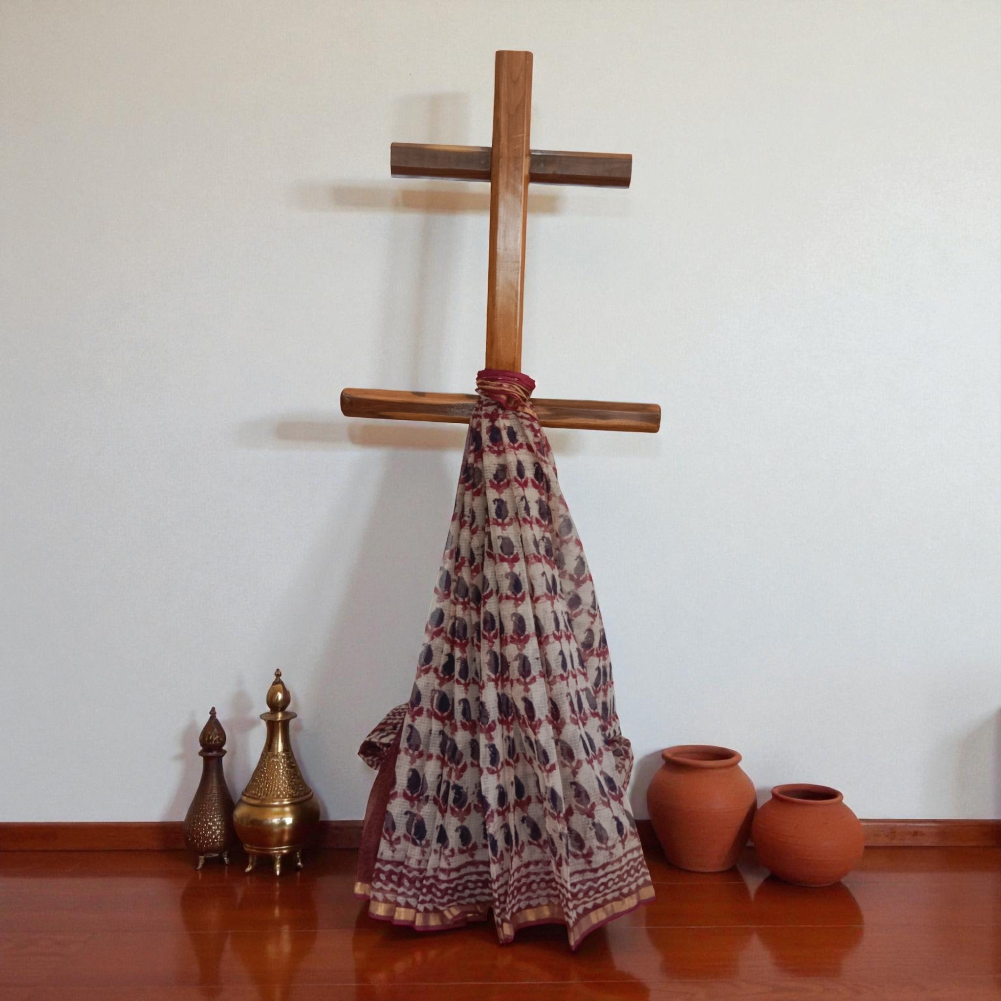 Offwhite Maroon Handblock Kota Cotton Saree