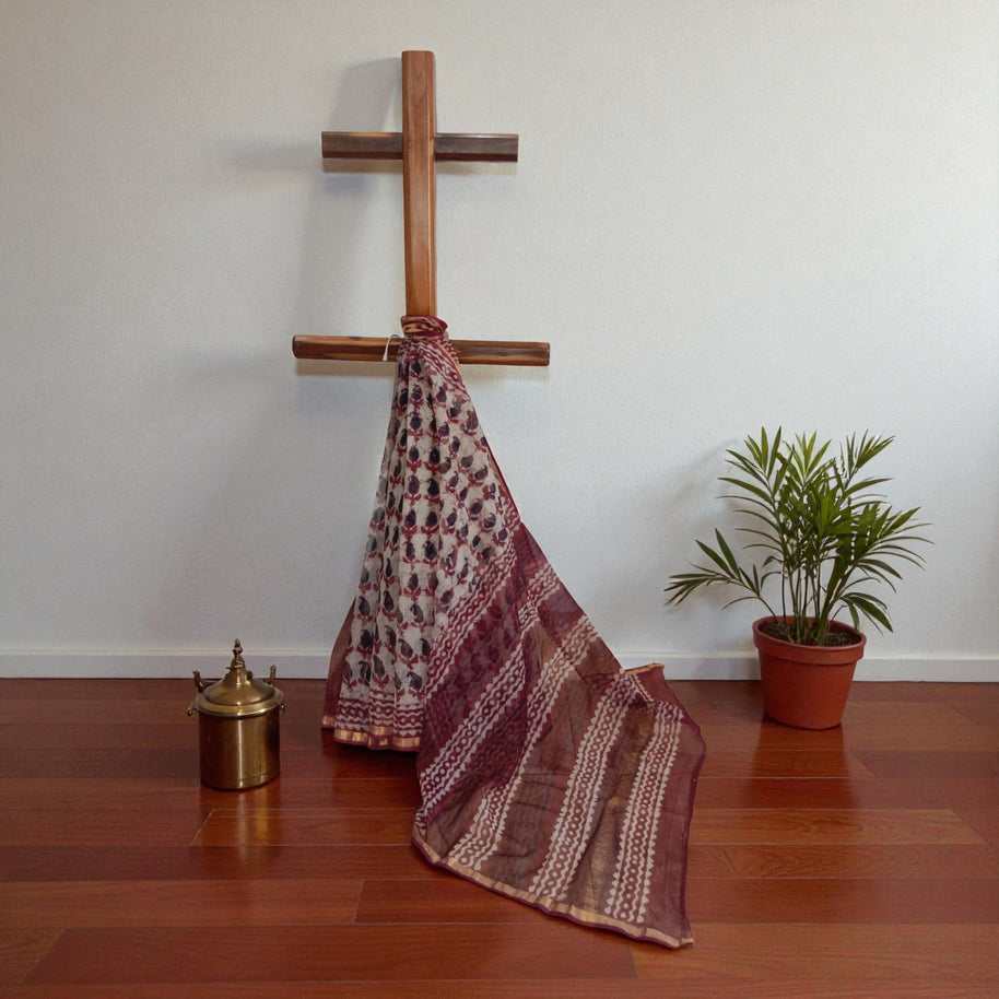 Offwhite Maroon Handblock Kota Cotton Saree