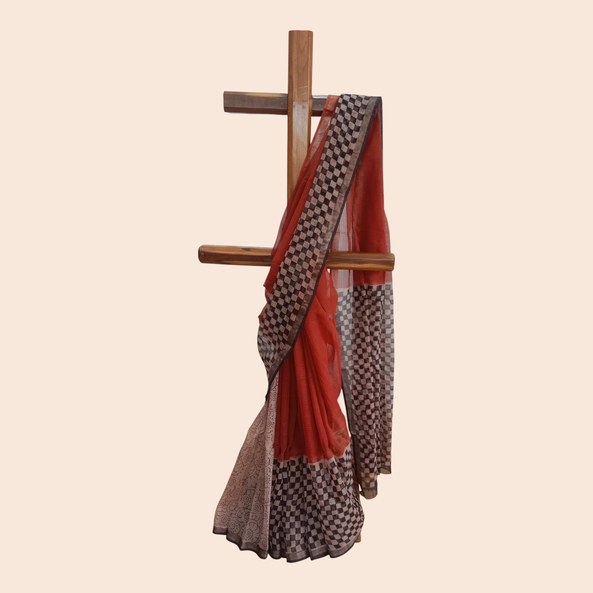 Maroon Black Check Handblock Kota Cotton Saree
