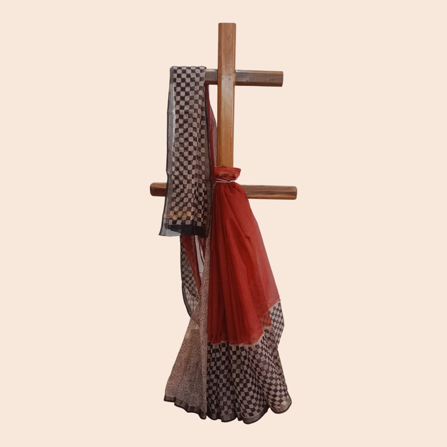 Maroon Black Check Handblock Kota Cotton Saree