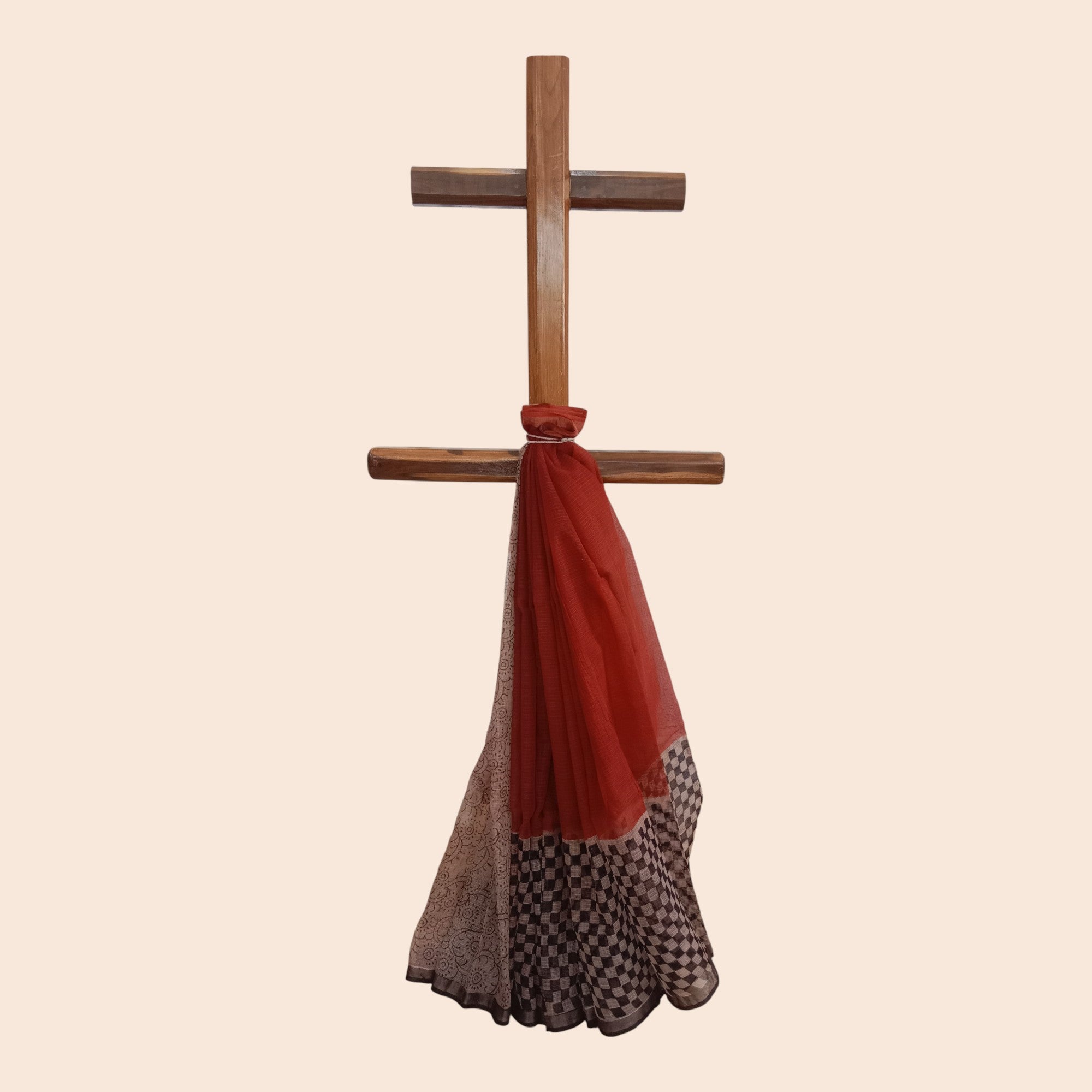 Maroon Black Check Handblock Kota Cotton Saree