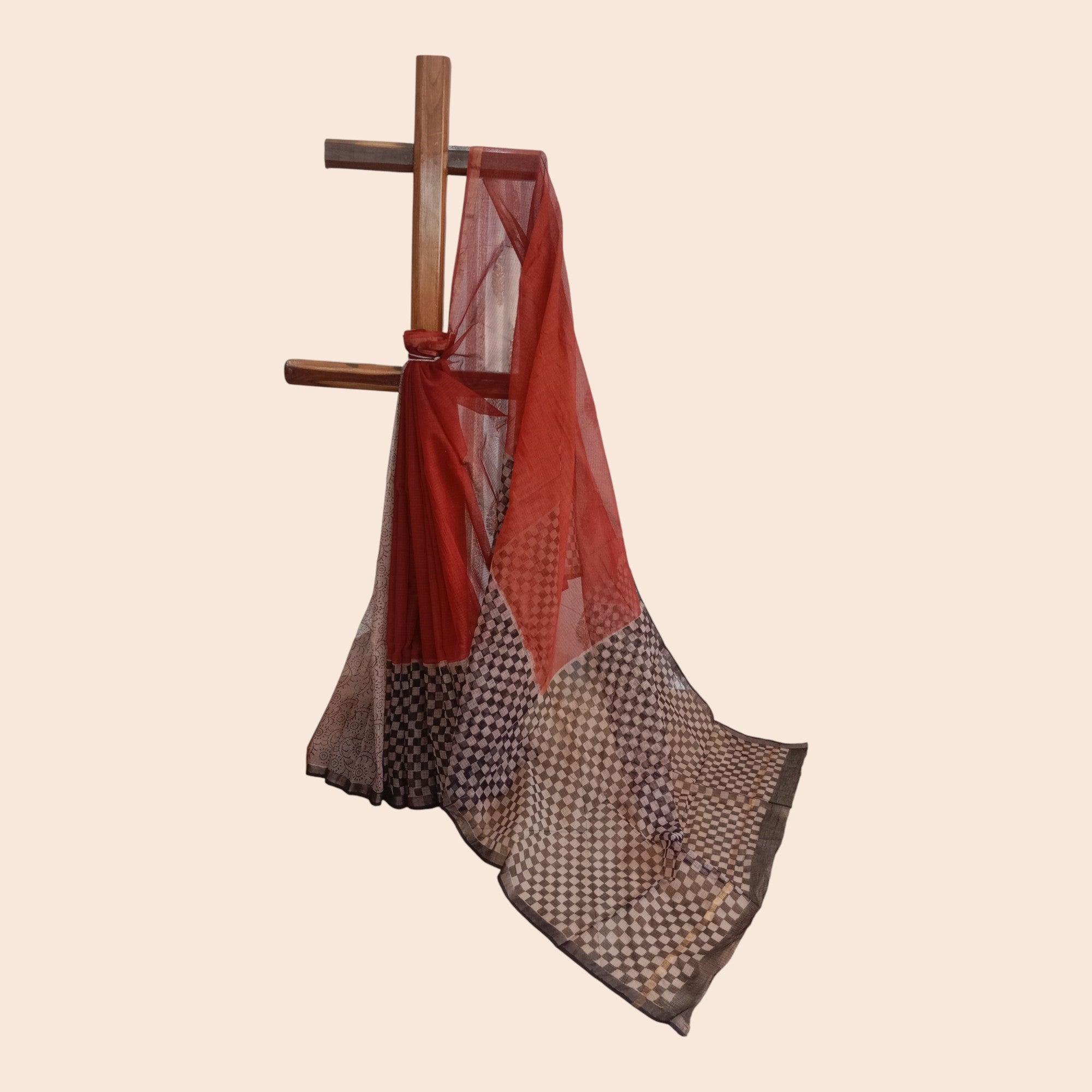 Maroon Black Check Handblock Kota Cotton Saree