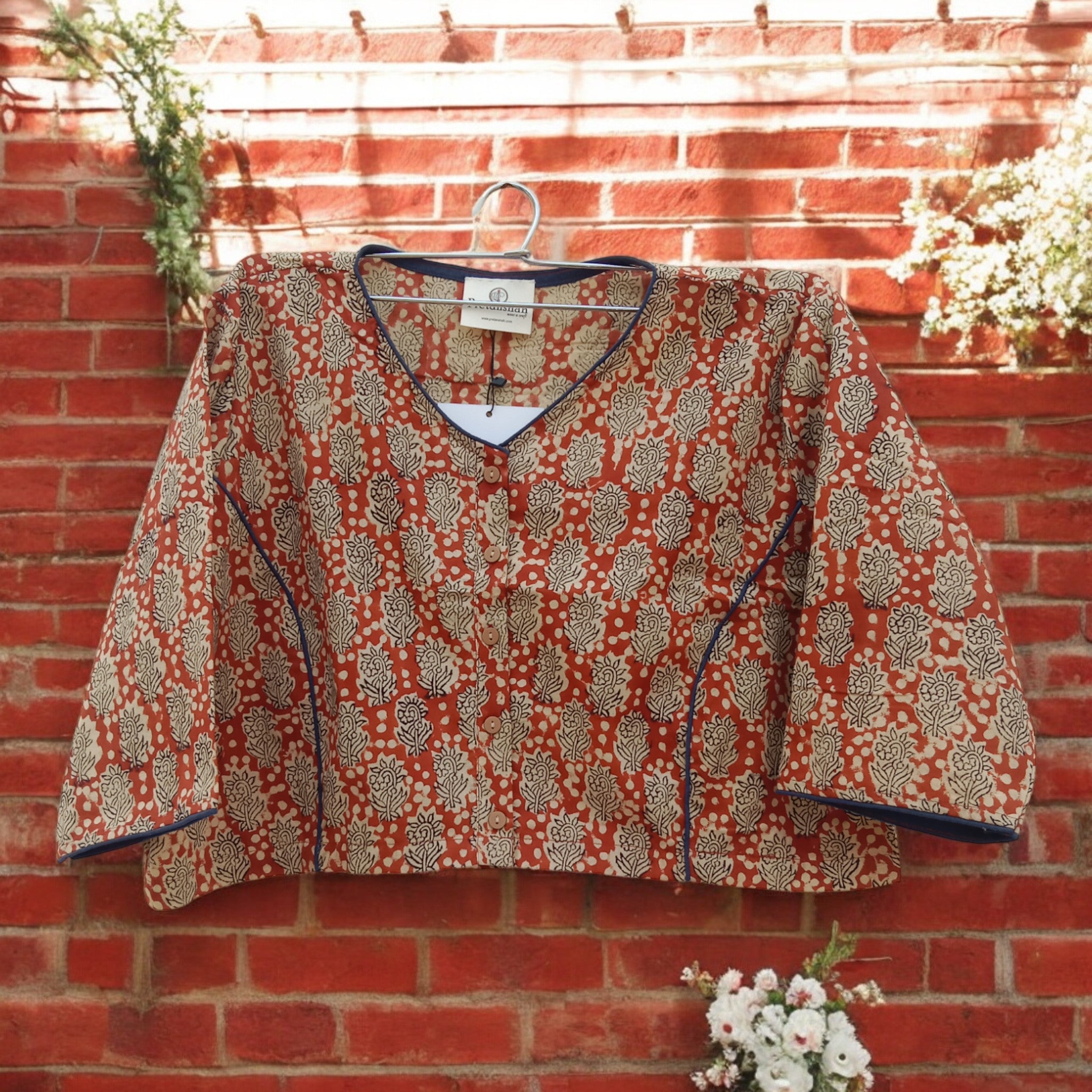 Red Offwhite Handblock Print Cotton Blouse