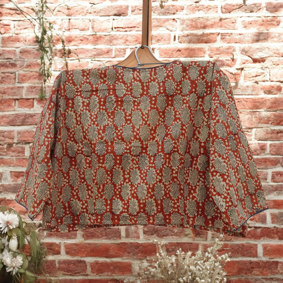 Red Offwhite Handblock Print Cotton Blouse